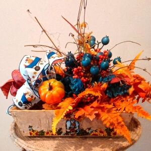 Vibrant Autumn Faux Floral Arrangement with Orange and Blue Accents